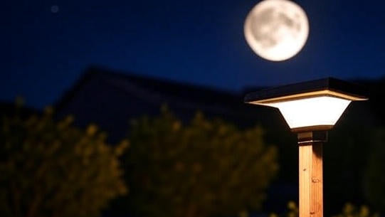 Garden lamp post illuminated at night with a full moon in the background